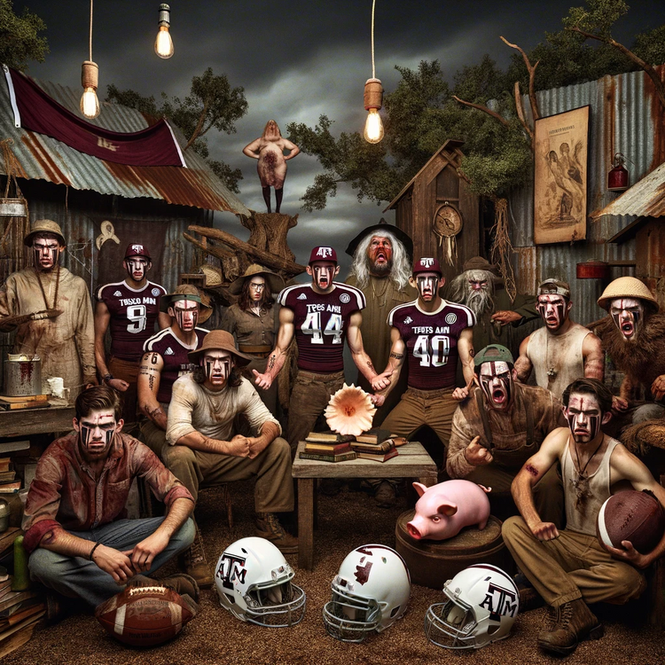 DALL·E 2023-12-10 18.14.40 - A unique scene portraying a group of Texas A&M football fans, visibly angry and expressive, in a setting that creatively combines elements from the bo.png