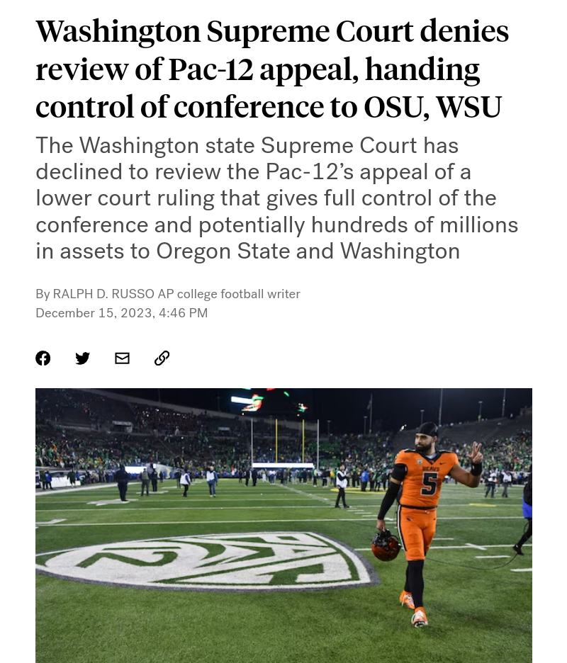 Washington Supreme Court denies review of Pac-12 appeal, handing